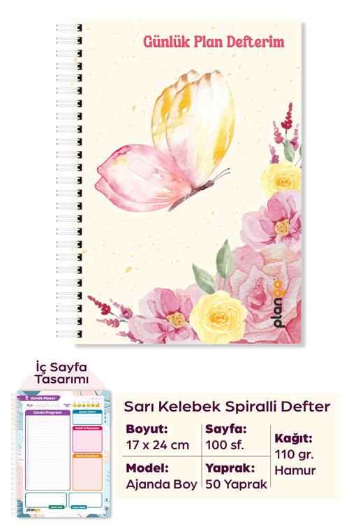 Sarı Kelebek Spiralli Günlük Planlama Defteri - 100 Sayfa - 17x24 Planlayıcı Defter