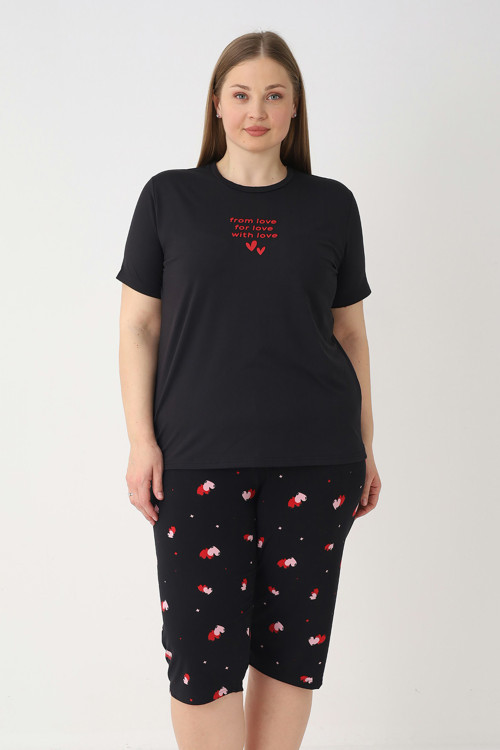 Büyük Beden Kadın Kısa Kol Kaprili Pijama Takımı 26080 Siyah