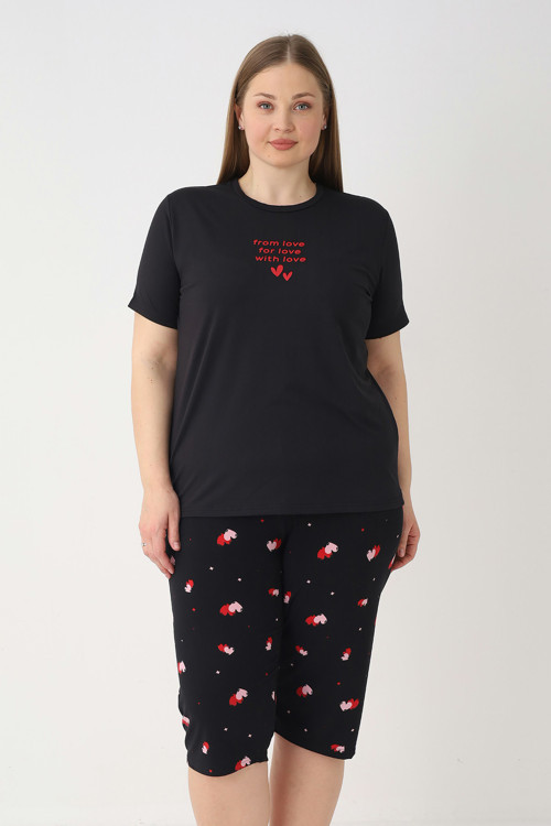 Büyük Beden Kadın Kısa Kol Kaprili Pijama Takımı 26080 Siyah