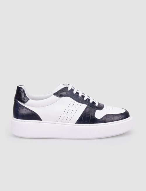 Silato %100 Hakiki Deri Beyaz - Lacivert Croco Detaylı Erkek Sneaker