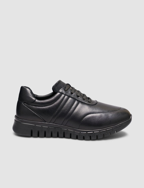 Melanar Siyah - Siyah Taban Hakiki Dana Deri Süet Detaylı Kadın Sneaker Ayakkabı
