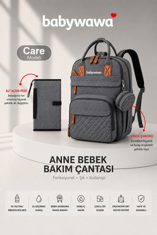 Care Su Geçirmez Alt Açma Pedli Emzik Saklama Bölmeli Anne Bakım Çantası