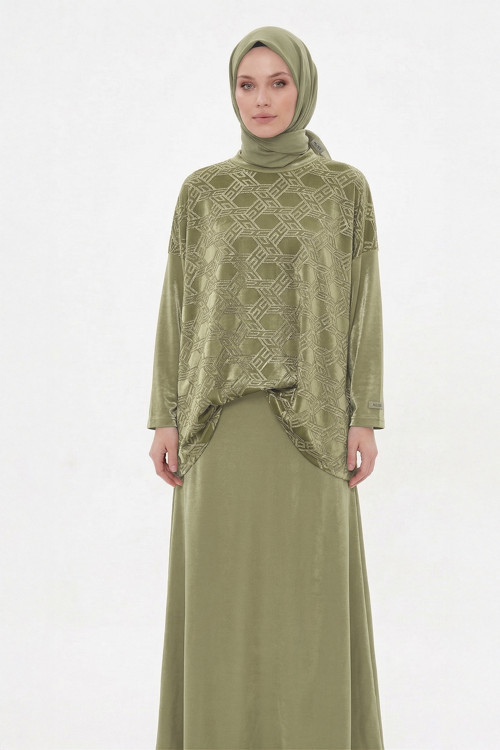 Desenli Detaylı Pantolonlu Takım 1058 Haki