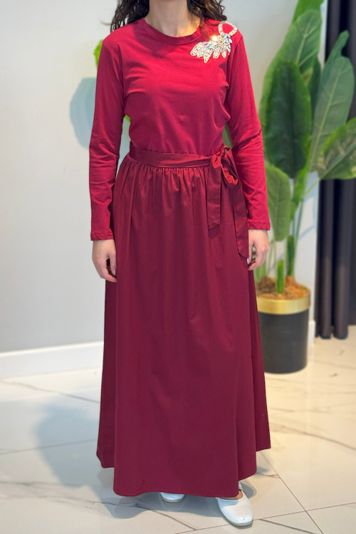 Taş İşlemeli Comfort Elbise 4762 Bordo