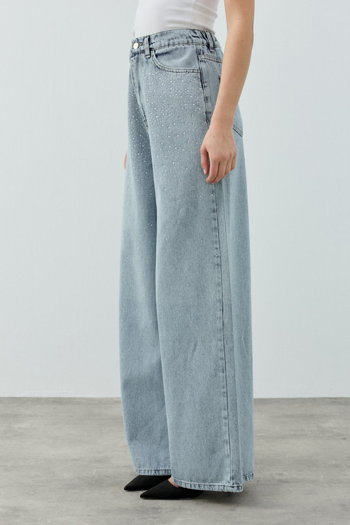 Merwish Taşlı Very Shiny Denim Pantolon 1770 Buz Mavi