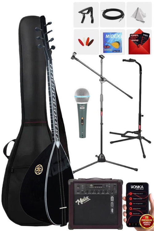 B-145K-AMP Amfili Kısa Sap Ceviz Ağacı Siyah Kaliteli Saz Bağlama Seti