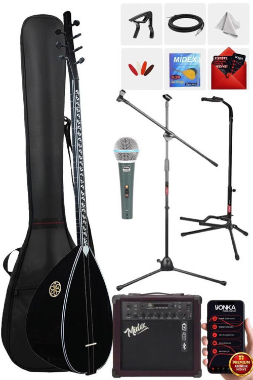 B-145U-AMP Amfili Uzun Sap Ceviz Ağacı Siyah Kaliteli Saz Bağlama Seti