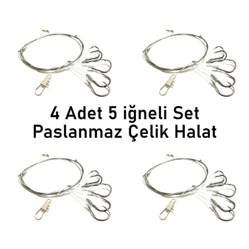 5 İğneli Paslanmaz Çelik Halatlı Dip Hırsız Olta Takımı 4’lü Set – 6# Karbon Çelik İğne