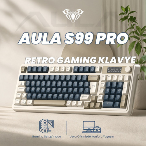 Aula S99 Pro Retro RGB Gaming Bluetooth 2.4GHz Type-C 3 Mod Kablosuz Makrolu Türkçe Q Oyuncu Klavye Lacivert 2