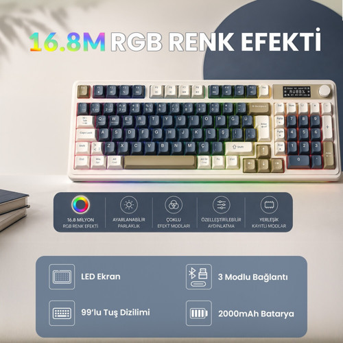 Aula S99 Pro Retro RGB Gaming Bluetooth 2.4GHz Type-C 3 Mod Kablosuz Makrolu Türkçe Q Oyuncu Klavye Lacivert 6