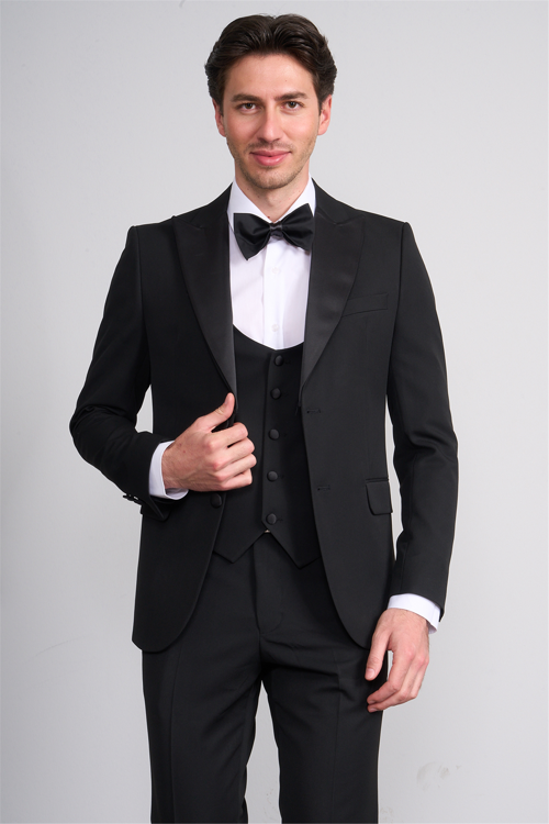 9229 Erkek Kırlangıç Yaka Slim Fit Loco Yelekli Takım Elbise Siyah
