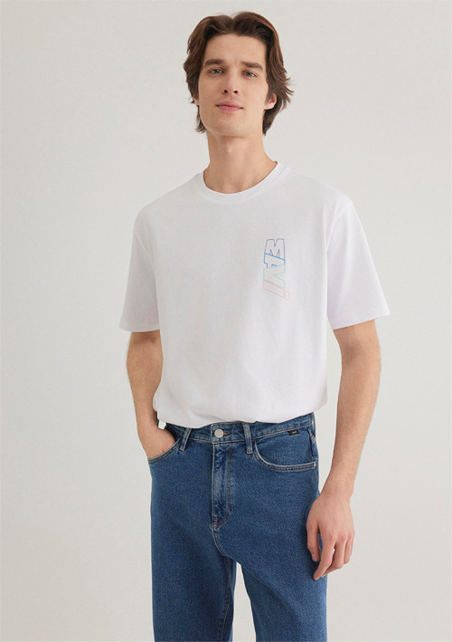 Mavı M0612350-620 Beyaz Erkek Loose Mavı Baskılı T-Shırt
