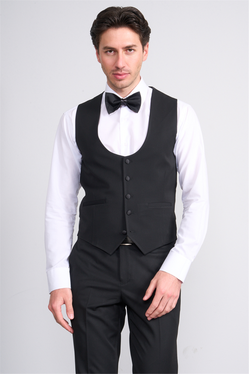 9228 Erkek Şal Yaka Slim Fit Loco Yelekli Takım Elbise Siyah