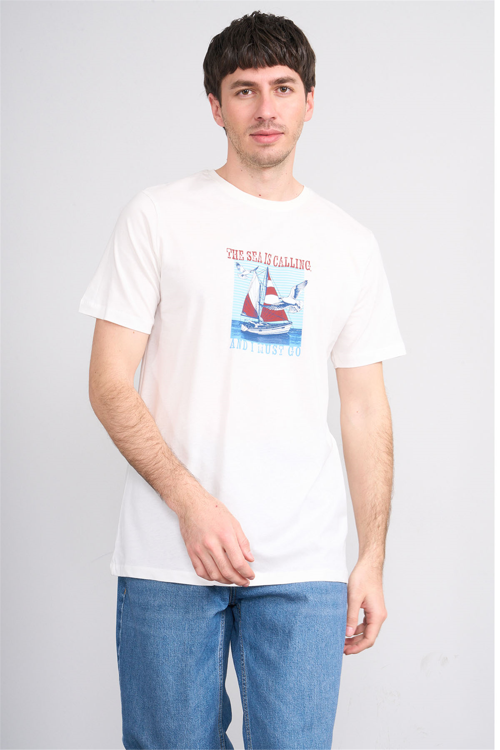 Çetinkaya Mentality 4417 Bisiklet Yaka Regular Baskılı T-shirt Krem