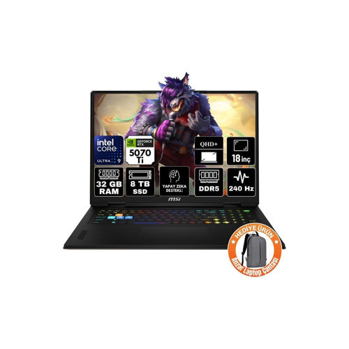Stealth 18 Hx Aı A2XWHG-024TR Intel Core Ultra 9 275HX 16GB Ram 2tb SSD RTX5070TI 18" Qhd+ 240Hz Freedos K11