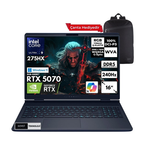 Alienware 16X Aurora Ultra 9-275HX 64-Gbddr5 4 Tbssd RTX5070 (8gb-Gddr7) 16" 2k Wqxga 240Hz Windows 11 Home Taşınabilir Bilgisayar + Hmf Sırt Çantası AC16251-CU932157WHMF10