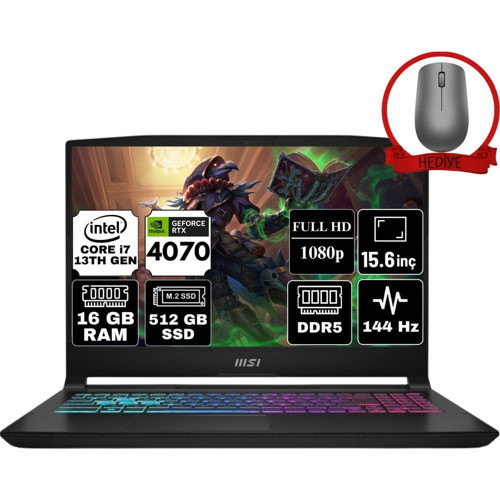 Katana 15 Intel Core I7 13620H 40GB 4tb SSD RTX4070 Windows 11 Pro 15.6" Fhd 144Hz Taşınabilir Bilgisayar B13VGK-1874XTR-A84 & Anzar Mouse