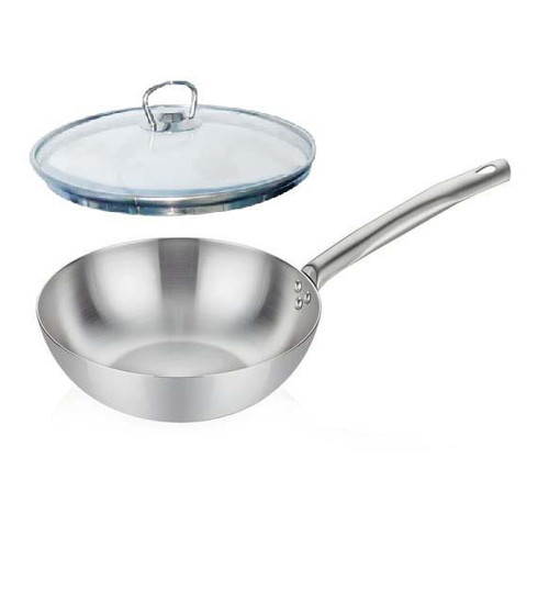 Cam Kapaklı Çelik Wok Tava 28 CM Paslanmaz Çelik