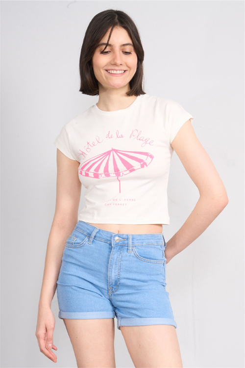 C.K Y26 8872 Fithit Byn B.Yk Penye Baskılı Crop T-shirt Krem