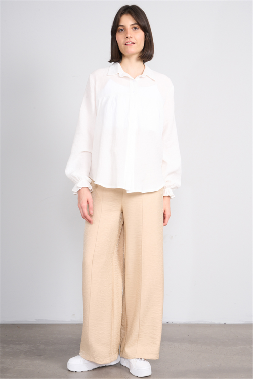 7897 Bayan Loose Fit Geniş Paça Pantolon Bej