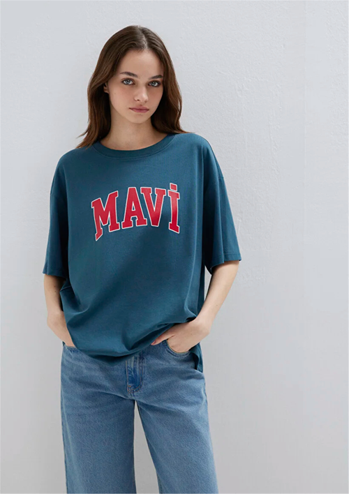 Y26 M1600843-70771 Yıldız Mavi Kadın Oversıze Mavi Baskılı T-shirt