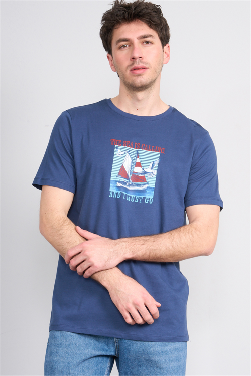 Çetinkaya Mentality 4417 Bisiklet Yaka Regular Baskılı T-shirt İndigo