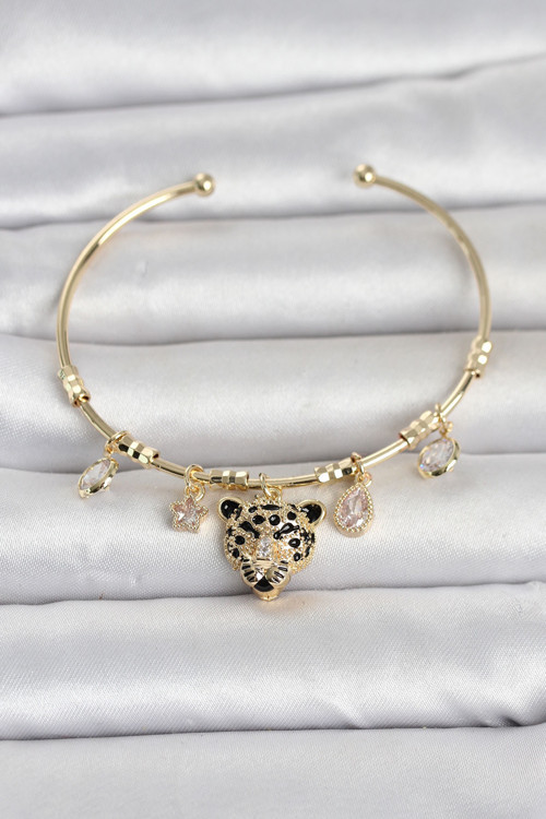 Pirinç Gold Renk Leopar Detaylı Charmlı Kadın Bileklik - EBJ260516W42159