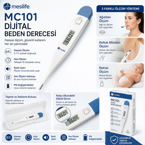MC101 Dijital Ateş Ölçer | Hassas Ölçüm Özellikli Dijital Derece | Ağız, Koltuk Altı ve Rektal Kullanım | Ateş Ölçer