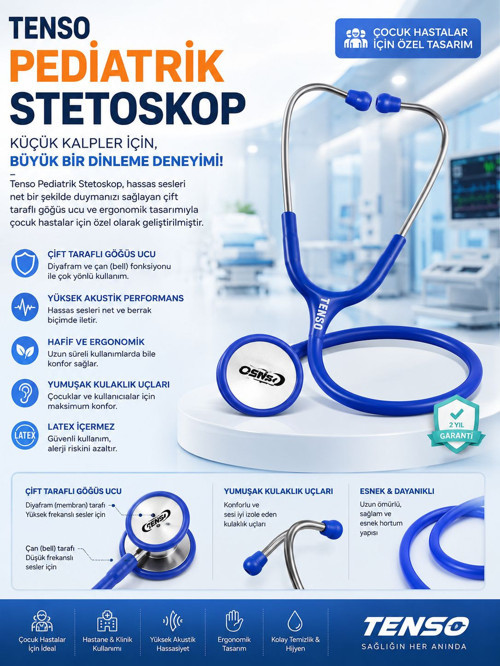 Pediatrik Stetoskop | Çocuk Muayene Steteskopu | Hassas Akustik Dinleme | Mavi Stetoskop