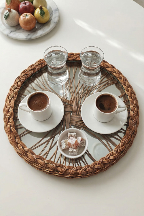 Cam Tabanlı Rattan Çerçeveli Yuvarlak Sunum Tepsisi – Hasır Dekoratif Tepsi Kahve