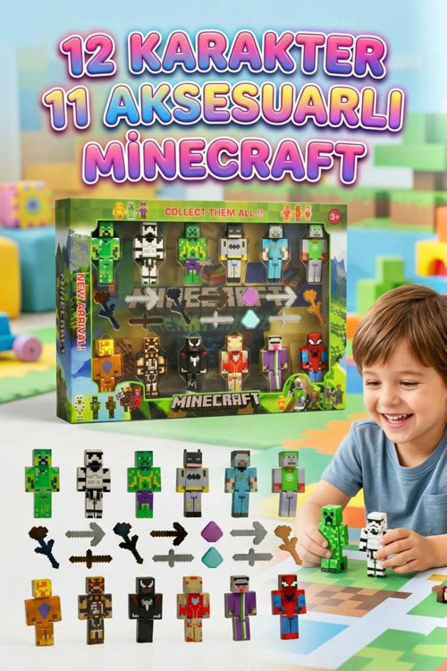 23 Parça Minecraft Temalı Eklemleri Hareketli 12 Karakter Figürlü ve 11 Parça Aksesuarlı Oyun Seti