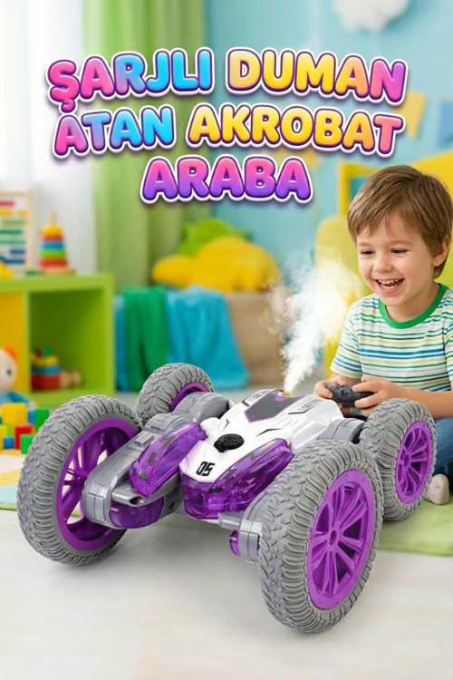 Uzaktan Kumandalı 7 Fonksiyonlu Işıklı Şarjlı Duman Atan 360 Derece Dönebilen Oyuncak Akrobat Araba