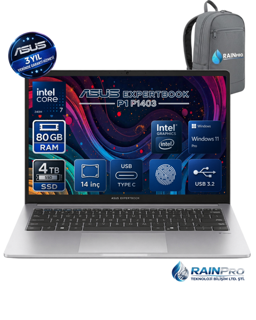 Asus ExpertBook P1403CVA Intel® Core™ 7-240H 80 GB DDR5 4 TB SSD 300NITS 15.6" FHD Windows 11 Pro Taşınabilir Bilgisaya