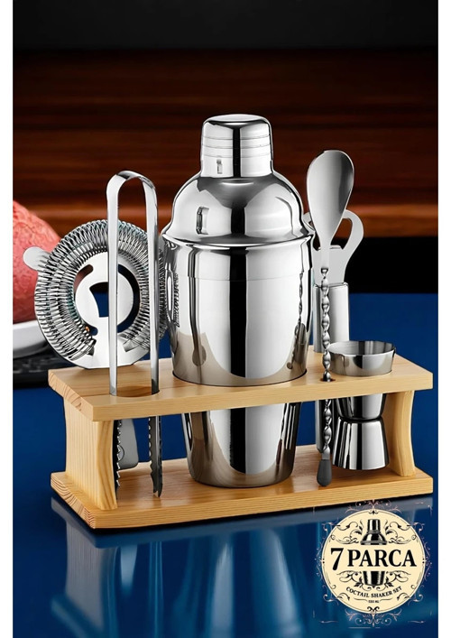 Shaker Kokteyl Set - 7 Parça 550 ml Shaker Coctail Set Bambu Standlı