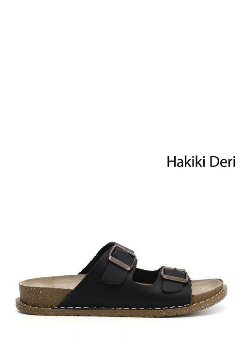 Kadın Siyah Çift Tokalı Hakiki Deri Terlik