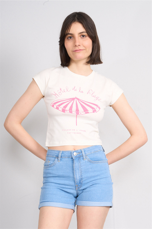 C.K Y26 8872 Fithit Byn B.Yk Penye Baskılı Crop T-shirt Krem