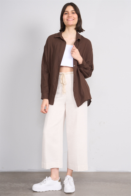 7837 Bayan Geniş Paça Keten Pantolon Natural