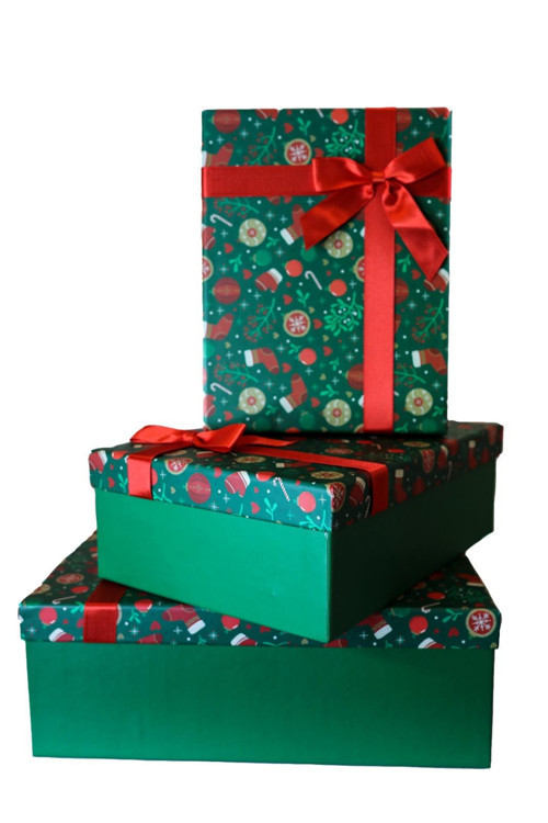 3'lü Yılbaşı Temalı Dekoratif Fiyonklu Hediye Kutusu Yeşil 35x25x13 Cm Büyük Boy