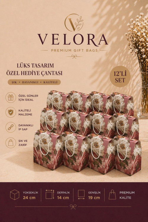 Velora 12'li Premium Karton Poşet Hediye Paketi Karton Çanta 24x14x20cm
