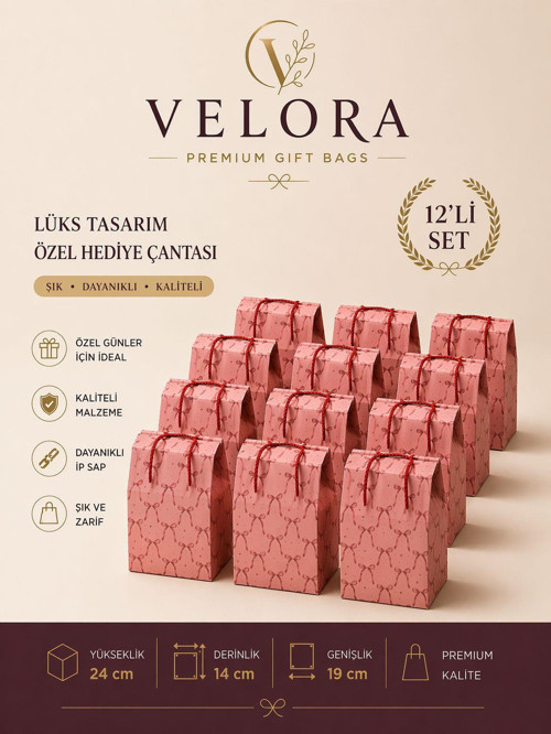 Velora 12'li Premium Karton Poşet Hediye Paketi Karton Çanta 24x14x20cm