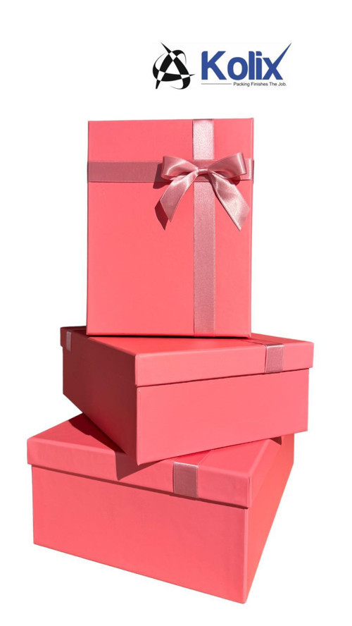 3 lü Pembe Fiyonklu Hediyelik Dekoratif Baby Shower Bohça Yeni Yıl Yılbaşı Kutusu 35-25-13 Cm