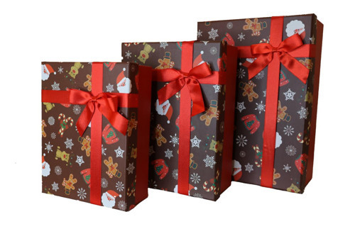 3'lü Yılbaşı Temalı Dekoratif Fiyonklu Hediye Kutusu Kahverengi 35x25x13 Cm Büyük Boy