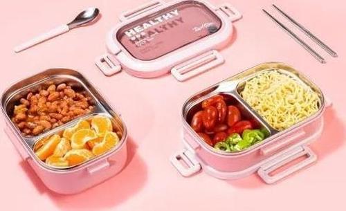 Pembe Paslanmaz Çelik 2 Katlı Chopstıck ve Kaşıklı Yemek Taşıma Kabı 1.65L
