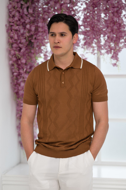 Slimfit Kolları Lastikli Likralı Desenli Polo Yaka Triko T-shirt