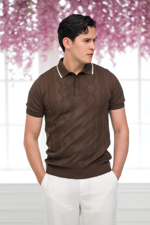 Slimfit Kolları Lastikli Likralı Desenli Polo Yaka Triko T-shirt
