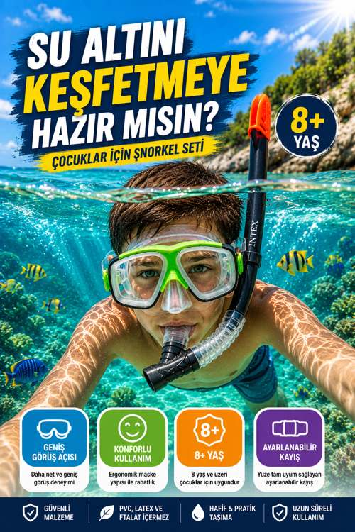 Şnorkel Seti Çocuk Deniz Gözlüğü Maske ve Şnorkel Seti 8+ Yaş Ayarlanabilir Modeli