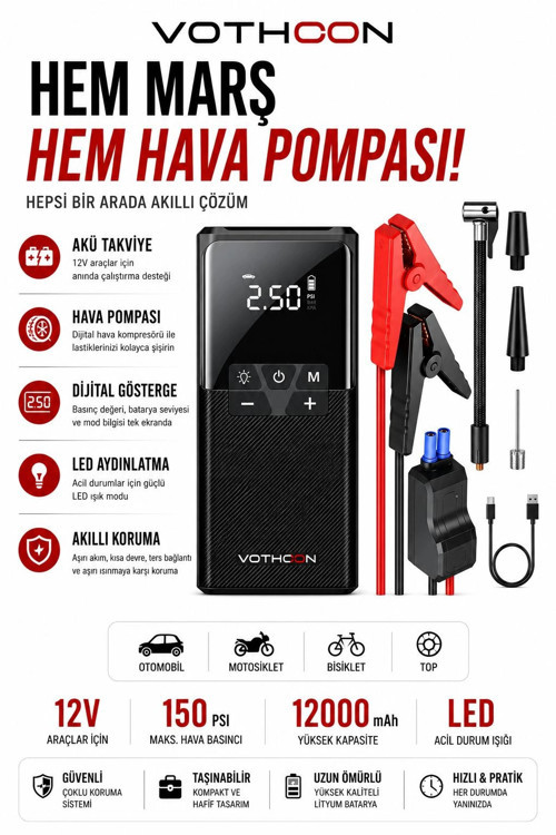 12000 mAh Akıllı Akü Takviye ve Dijital Hava Pompası Akım Korumalı