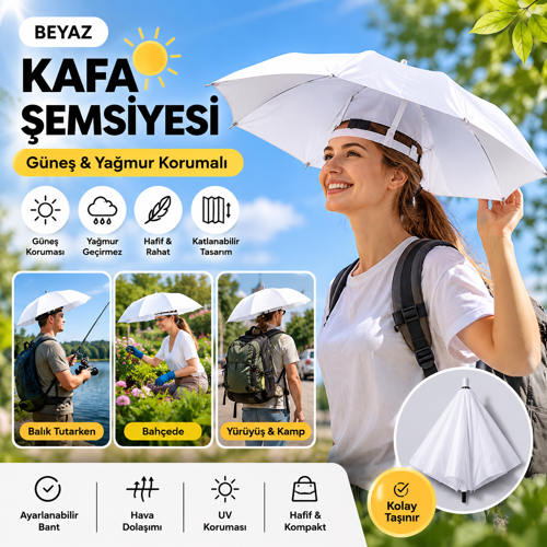 Beyaz Kafa Şemsiyesi Güneş ve Yağmur Korumalı Katlanabilir Şapka Şemsiye