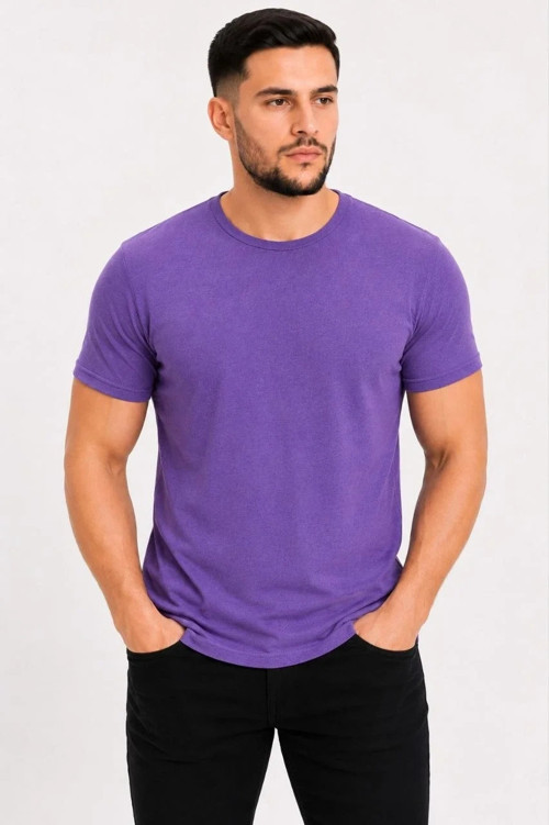 Erkek Basic Tişört Bisiklet Yaka Kısa Kol Günlük Yazlık Slim fit T-Shirt - Mor