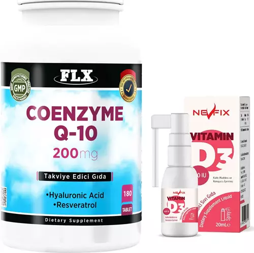 Coenzyme Koenzim Q-10 200 Mg Hyaluronik Asit Resveratrol 180 Tablet   Nevfix Vitamin D3 Sıvı Sprey